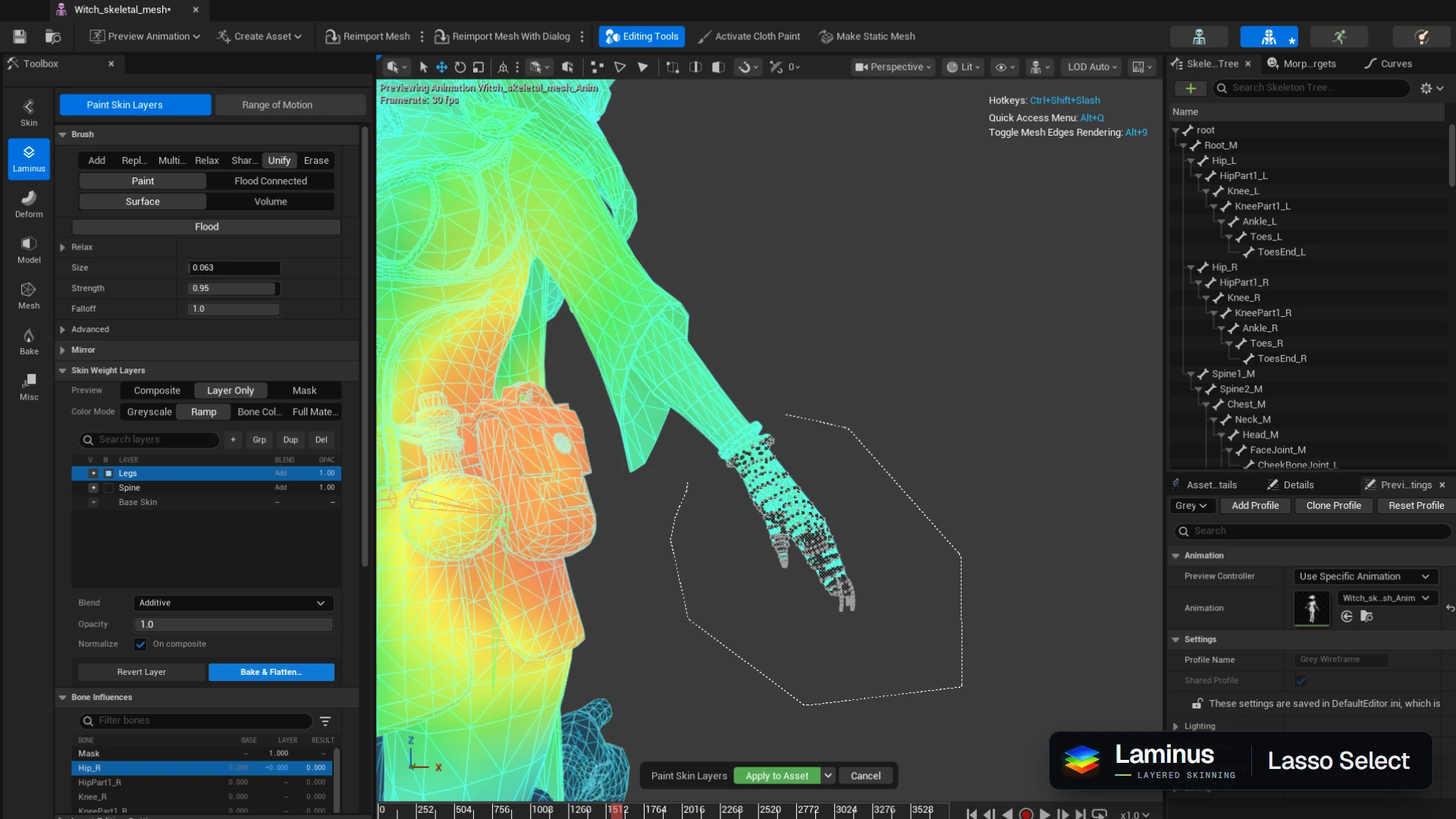 A lasso drawn around a character's hand in the viewport, with mesh vertices and the layer heat map visible