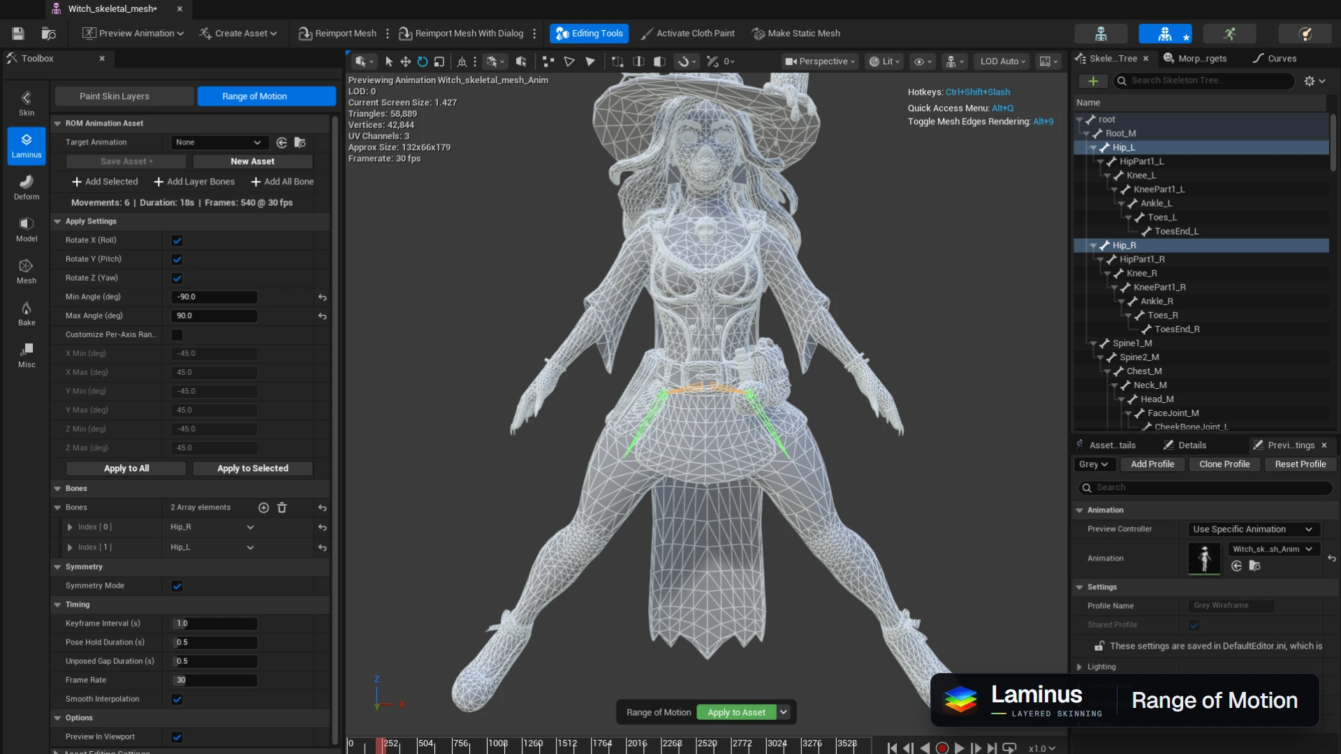 Range of Motion tool with both hip bones selected, rotation limits, symmetry and timing controls, and an animation preview in the viewport